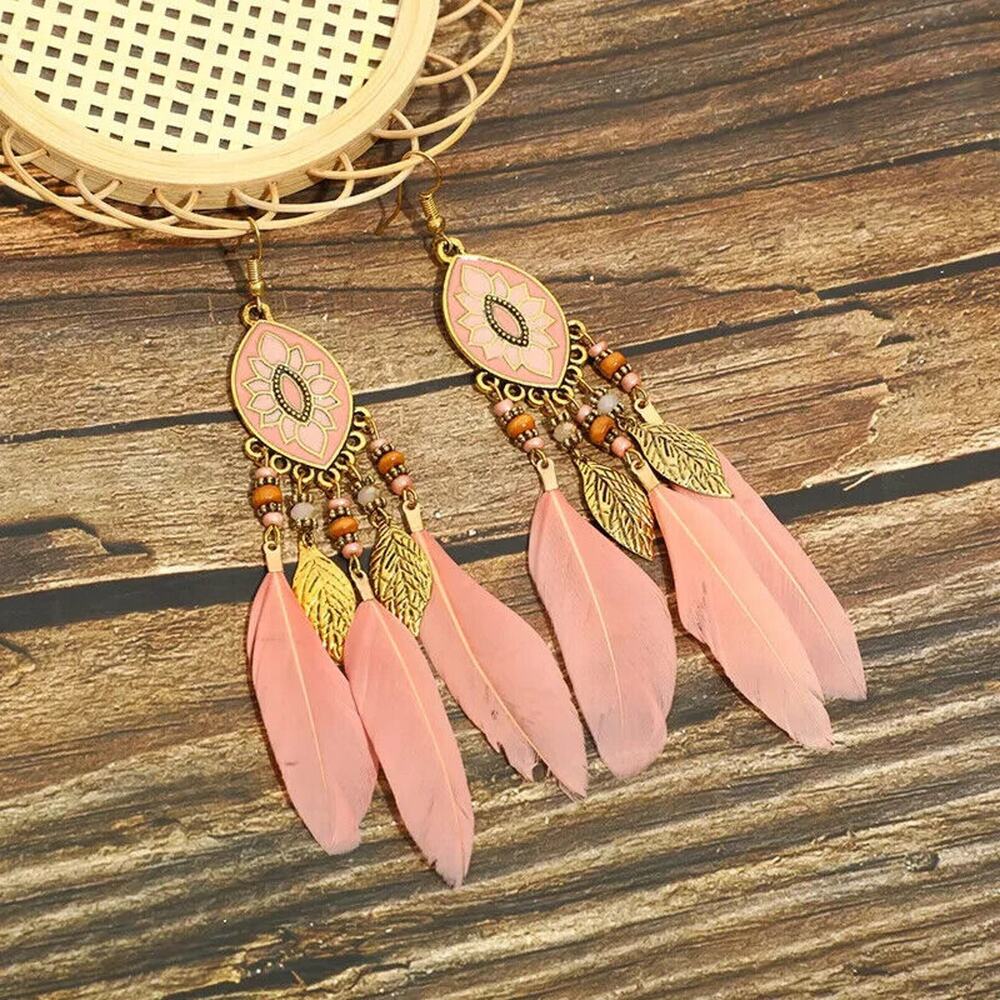 Pink Boho Rice‎ Bead Water Drop Tassel Leaf Aztec Ethnic Earrings White Boho